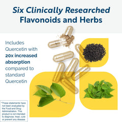 Researched Nutritionals HistaQuel capsules close-up highlighting flavonoids and herbal ingredients.