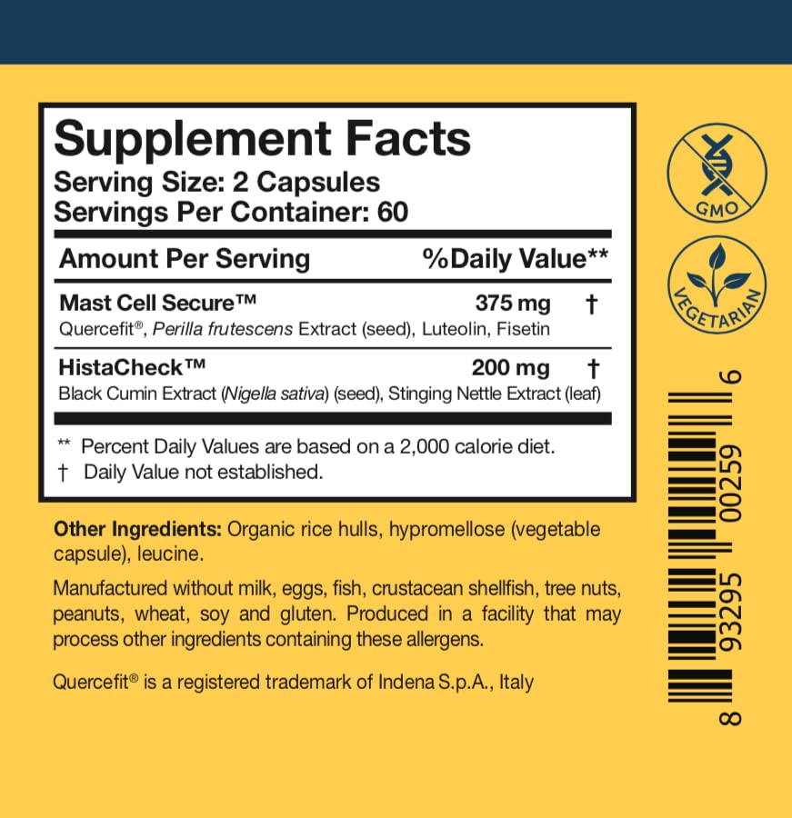 Researched Nutritionals HistaQuel label close-up showing vegetarian and non-GMO attributes.