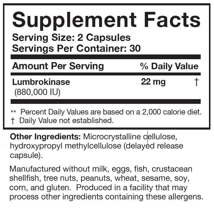 Researched Nutritionals Lumbrokinase bottle back with dosage guidance.