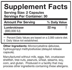 Researched Nutritionals Lumbrokinase bottle back with dosage guidance.