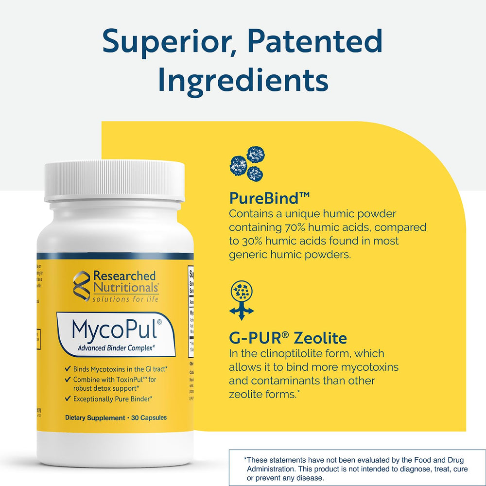 Researched Nutritionals MycoPul six-binder infographic communicates targeted mold toxin binding options.