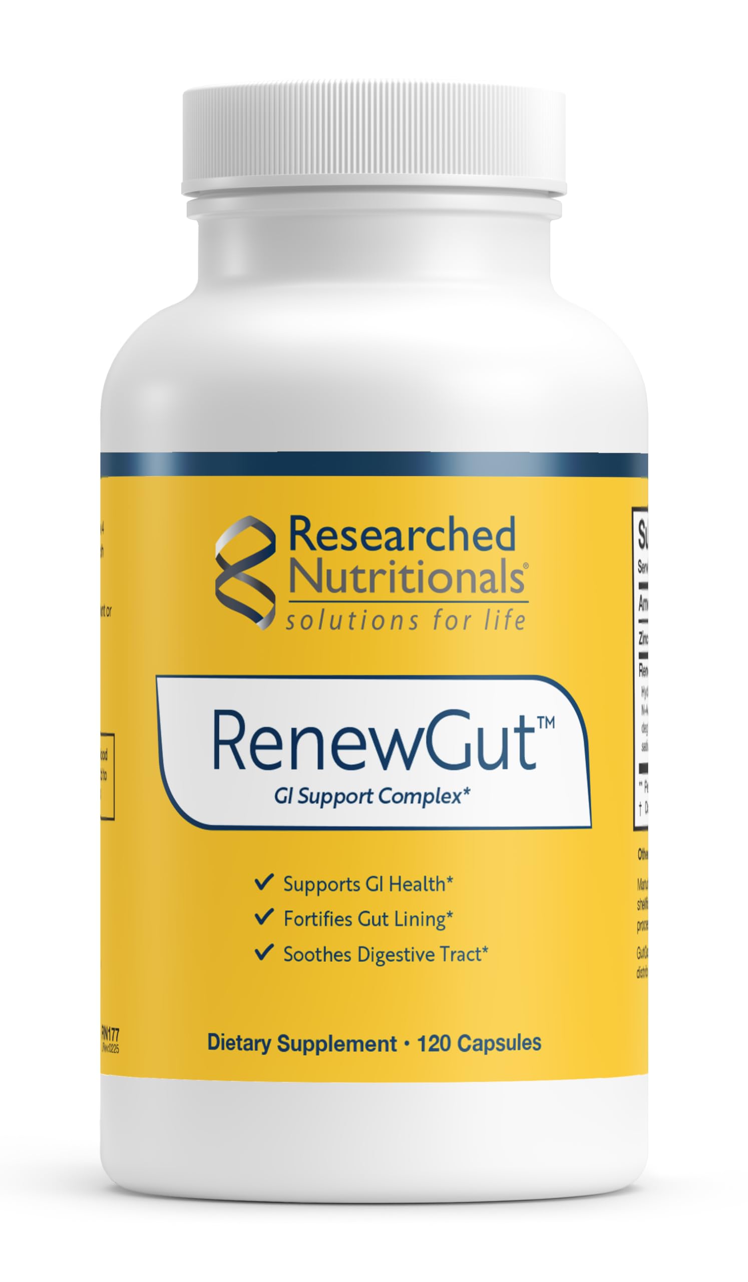 RenewGut bottle by Researched Nutritionals on a counter for daily gut support