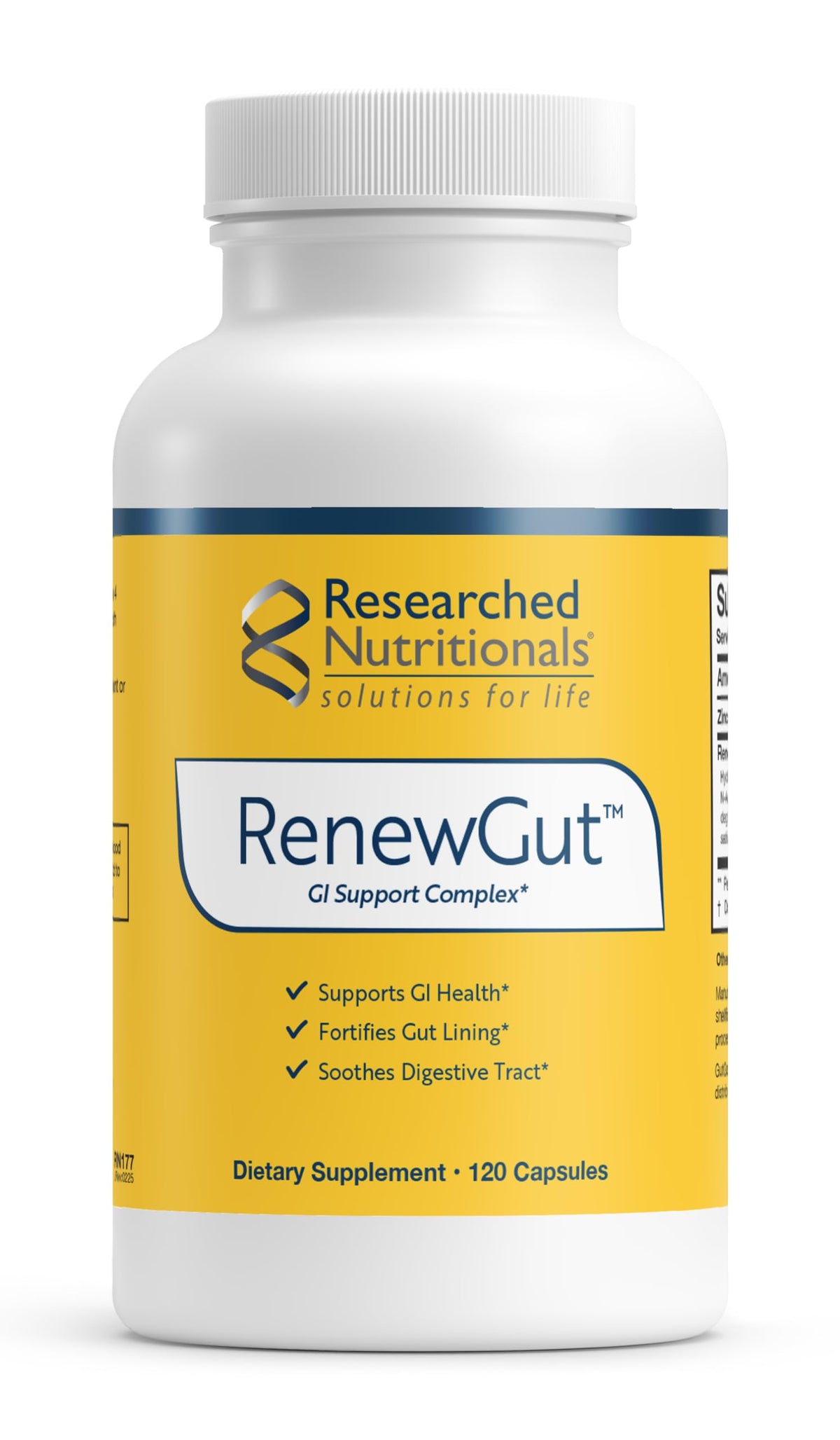 RenewGut bottle by Researched Nutritionals on a counter for daily gut support