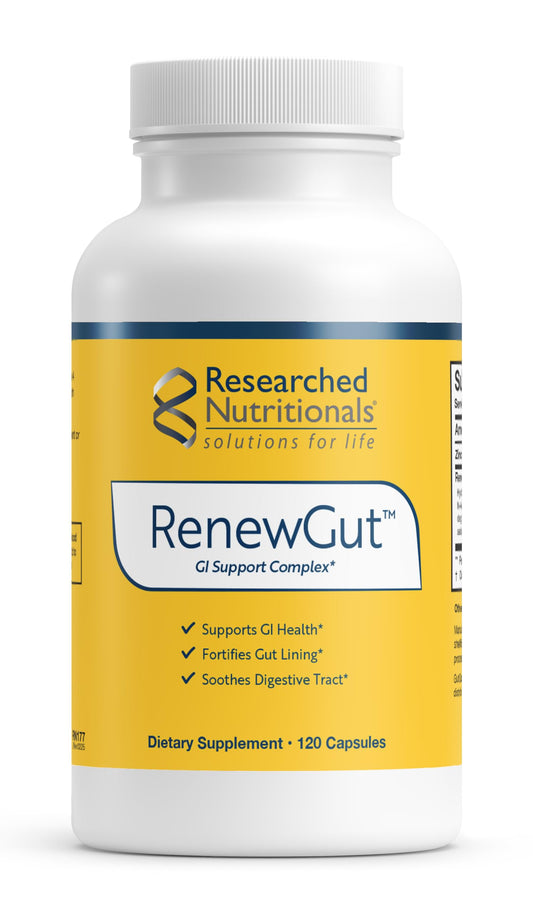 RenewGut bottle by Researched Nutritionals on a counter for daily gut support