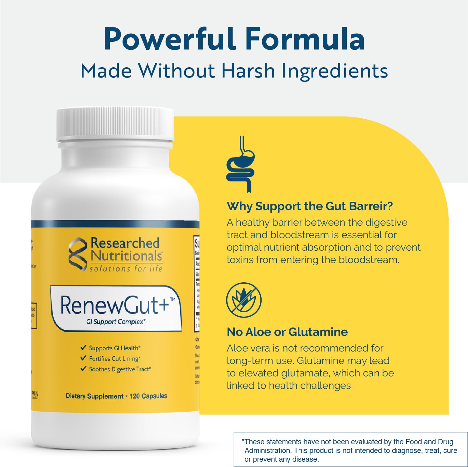 RenewGut ingredients graphic featuring DGL and N-acetyl glucosamine for gut health