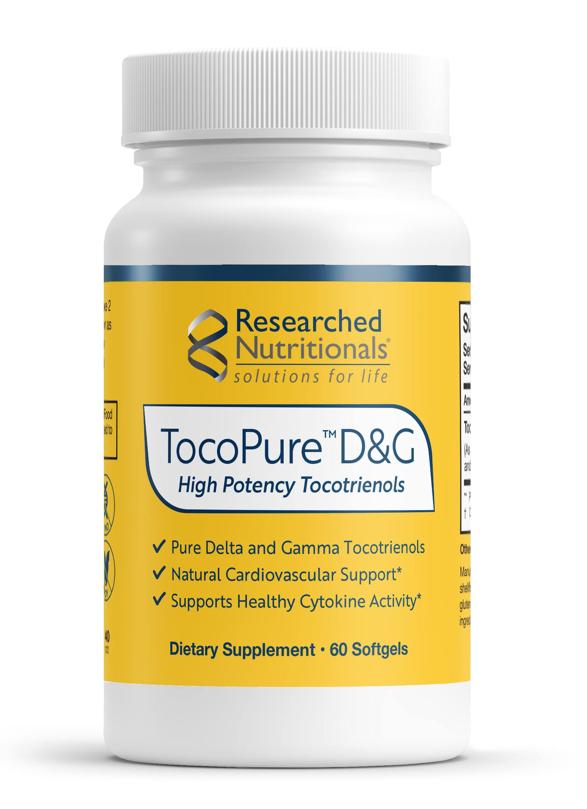 Researched Nutritionals TocoPure D&G bottle front highlighting annatto tocotrienols for heart health.