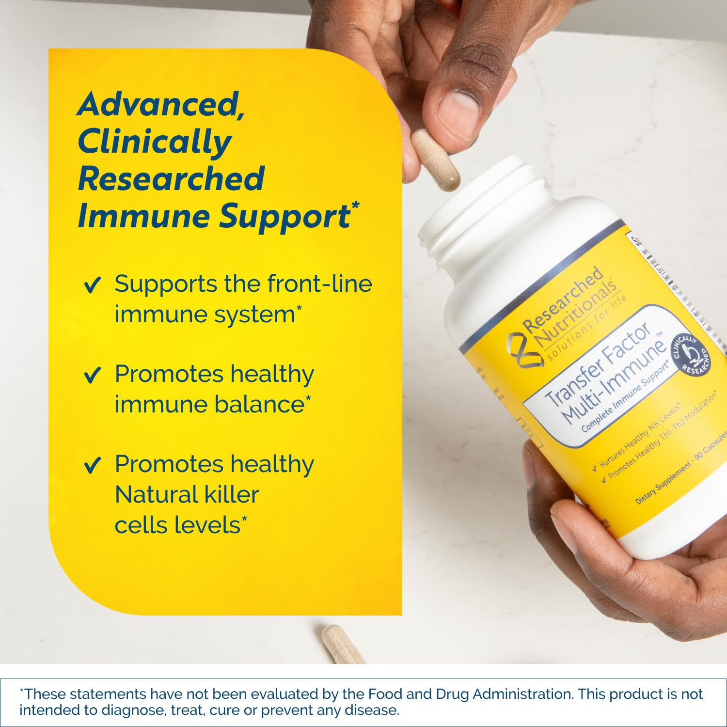 Researched Nutritionals Transfer Factor Multi-Immune capsules closeup for convenient daily support