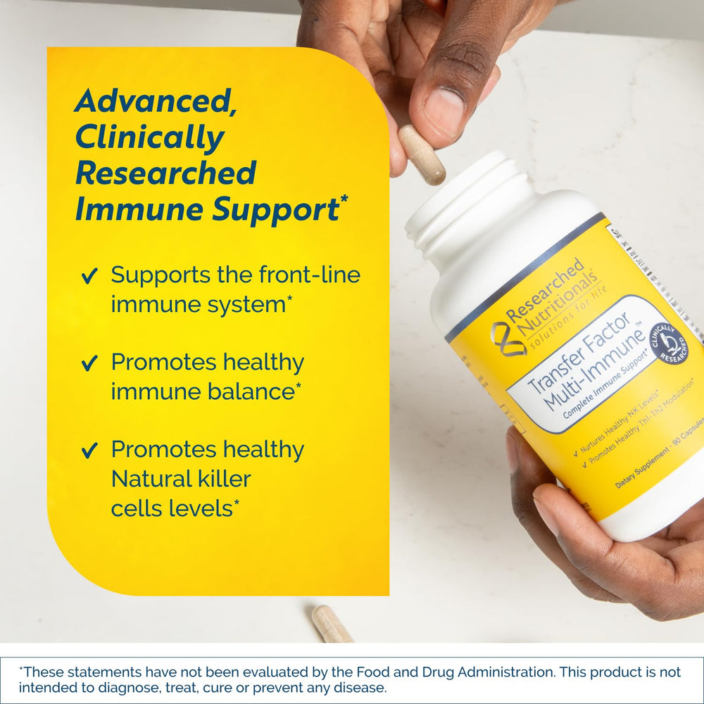 Researched Nutritionals Transfer Factor Multi-Immune capsules closeup for convenient daily support