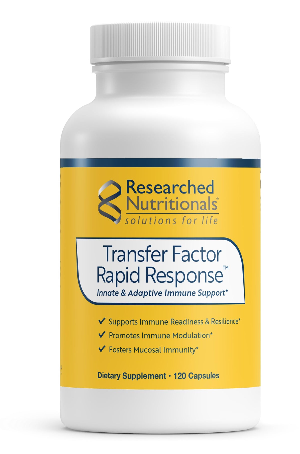 Researched Nutritionals Transfer Factor Rapid Response bottle emphasizes fast immune support potential.