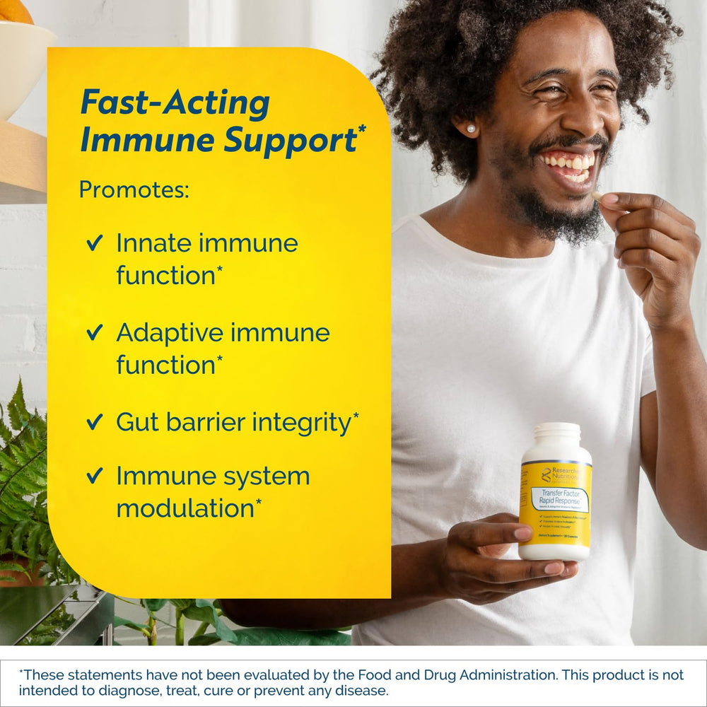 Researched Nutritionals Transfer Factor Rapid Response capsules closeup highlights potent immune-priming ingredients.