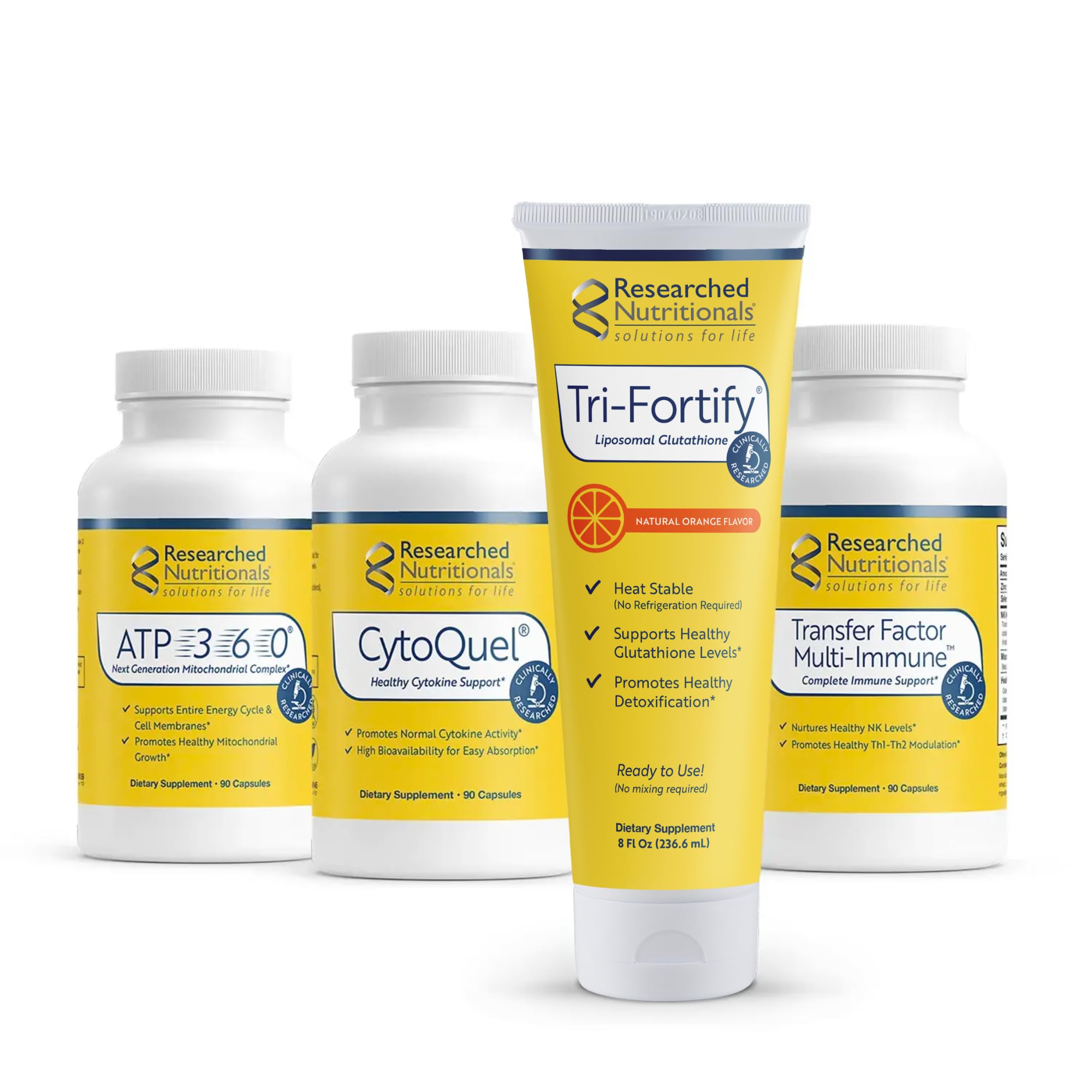 Researched Nutritionals Tri-Fortify Liposomal Glutathione orange bottle boosts absorption.