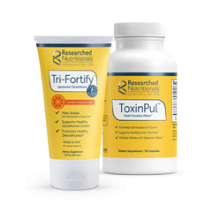Researched Nutritionals Tri-Fortify orange liposomal glutathione liquid bottle for antioxidant support.
