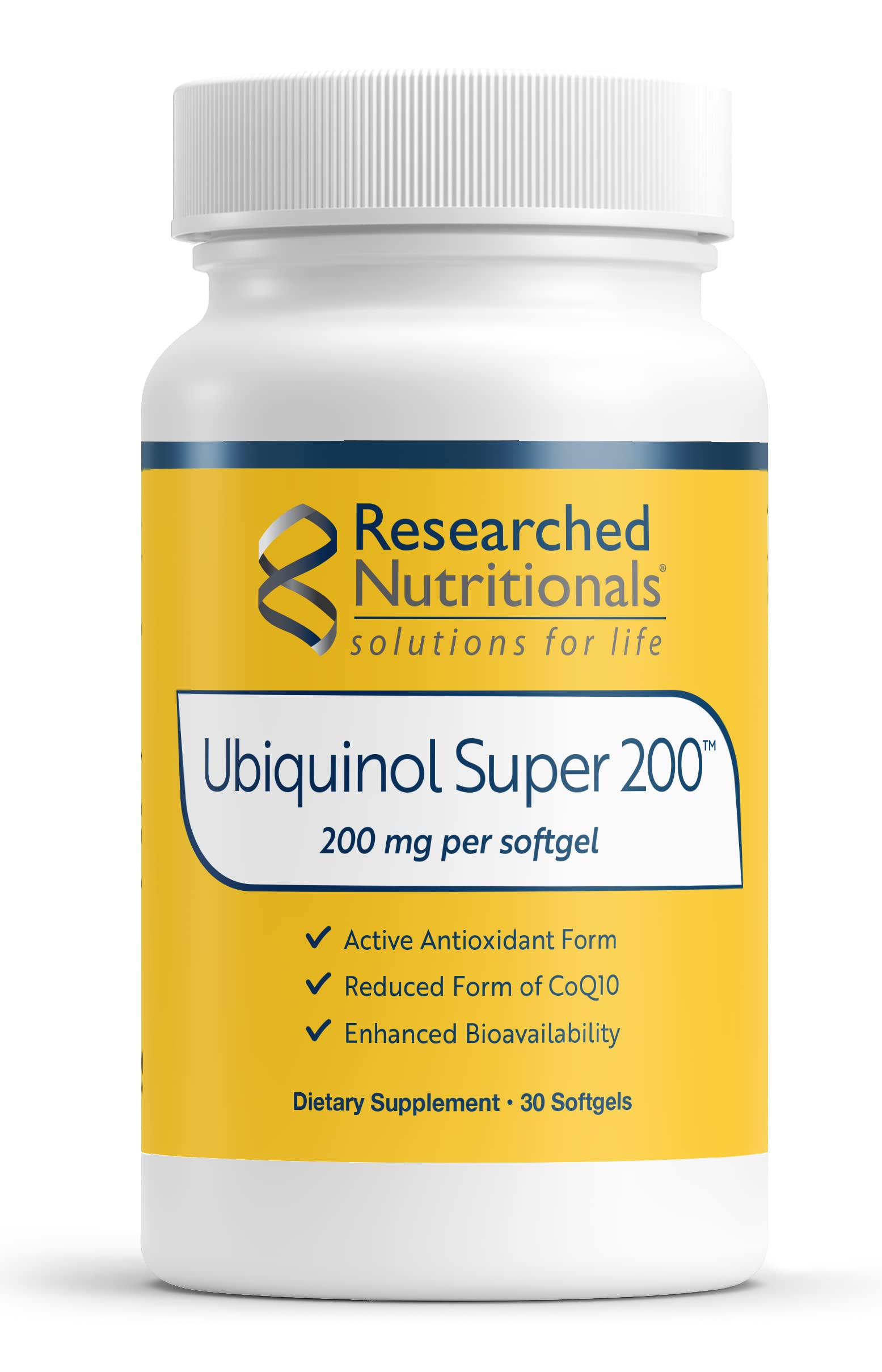 Researched Nutritionals Ubiquinol Super 200 bottle front view for heart health support