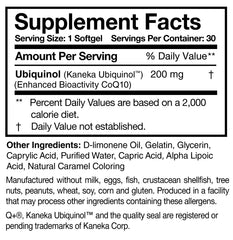 Researched Nutritionals Ubiquinol Super 200 label detail non-GMO soy-free