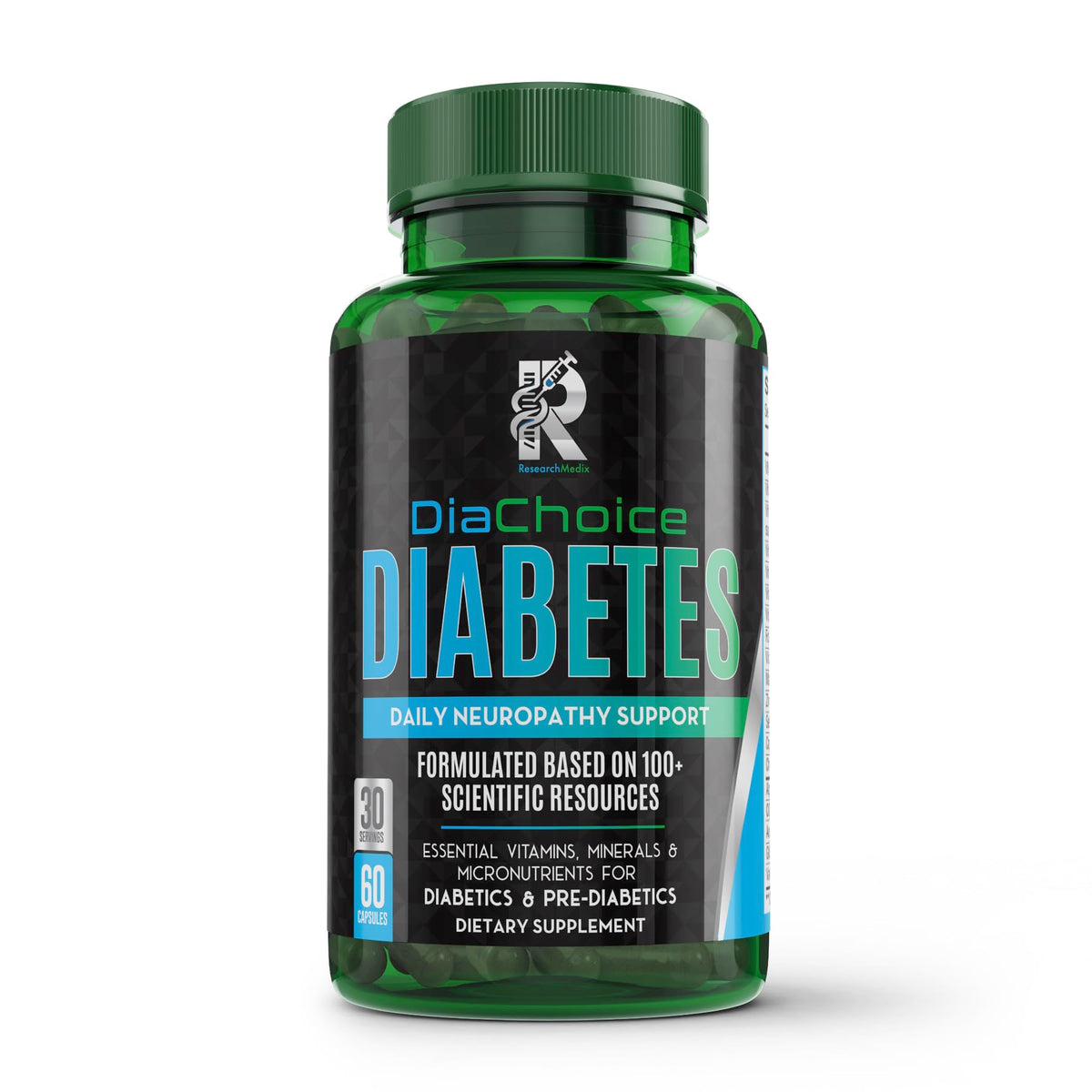 ResearchMedix DiaChoice bottle showing 600 mg ALA for daily nerve support.