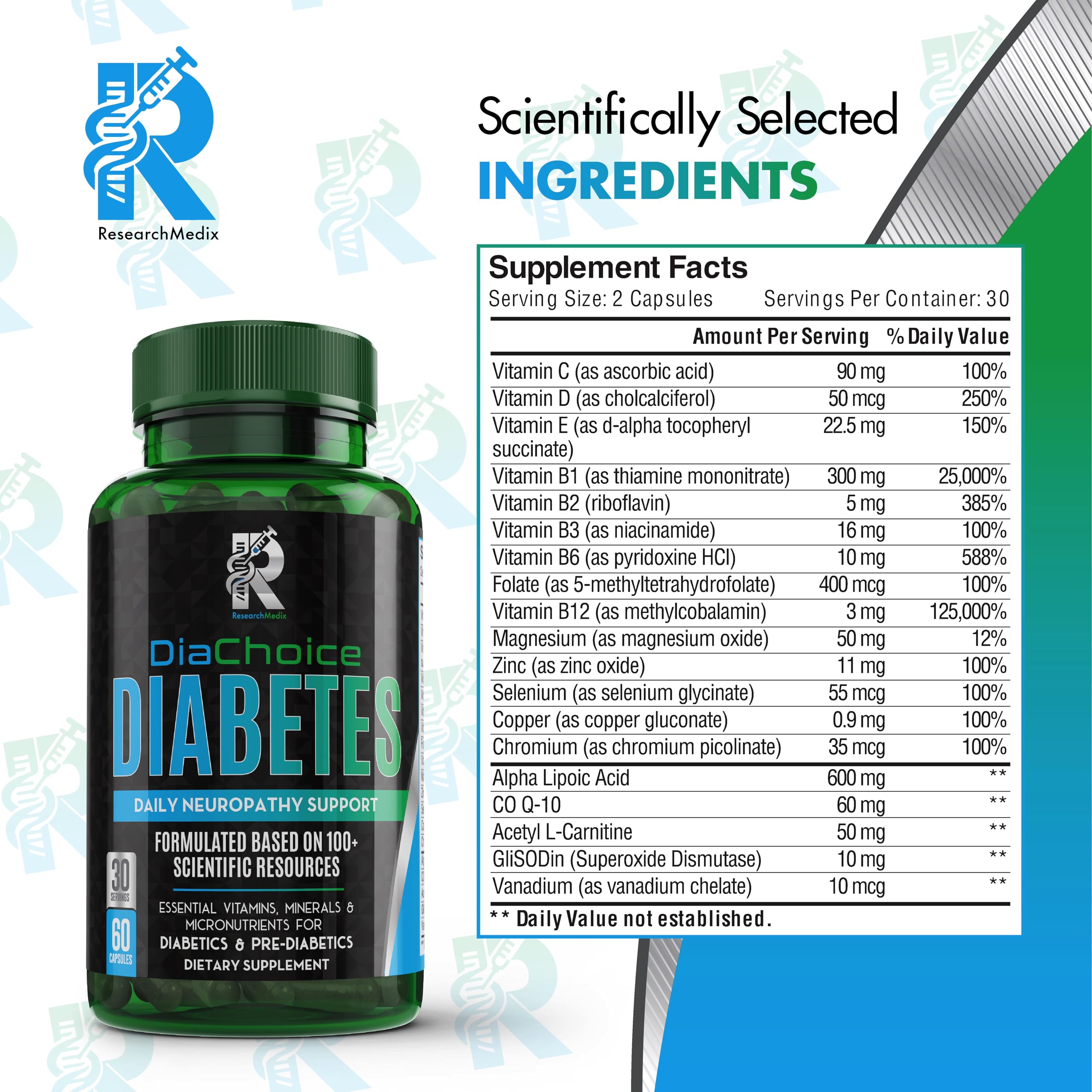 DiaChoice ingredients blend highlighting 19 essential nutrients for nerve health.