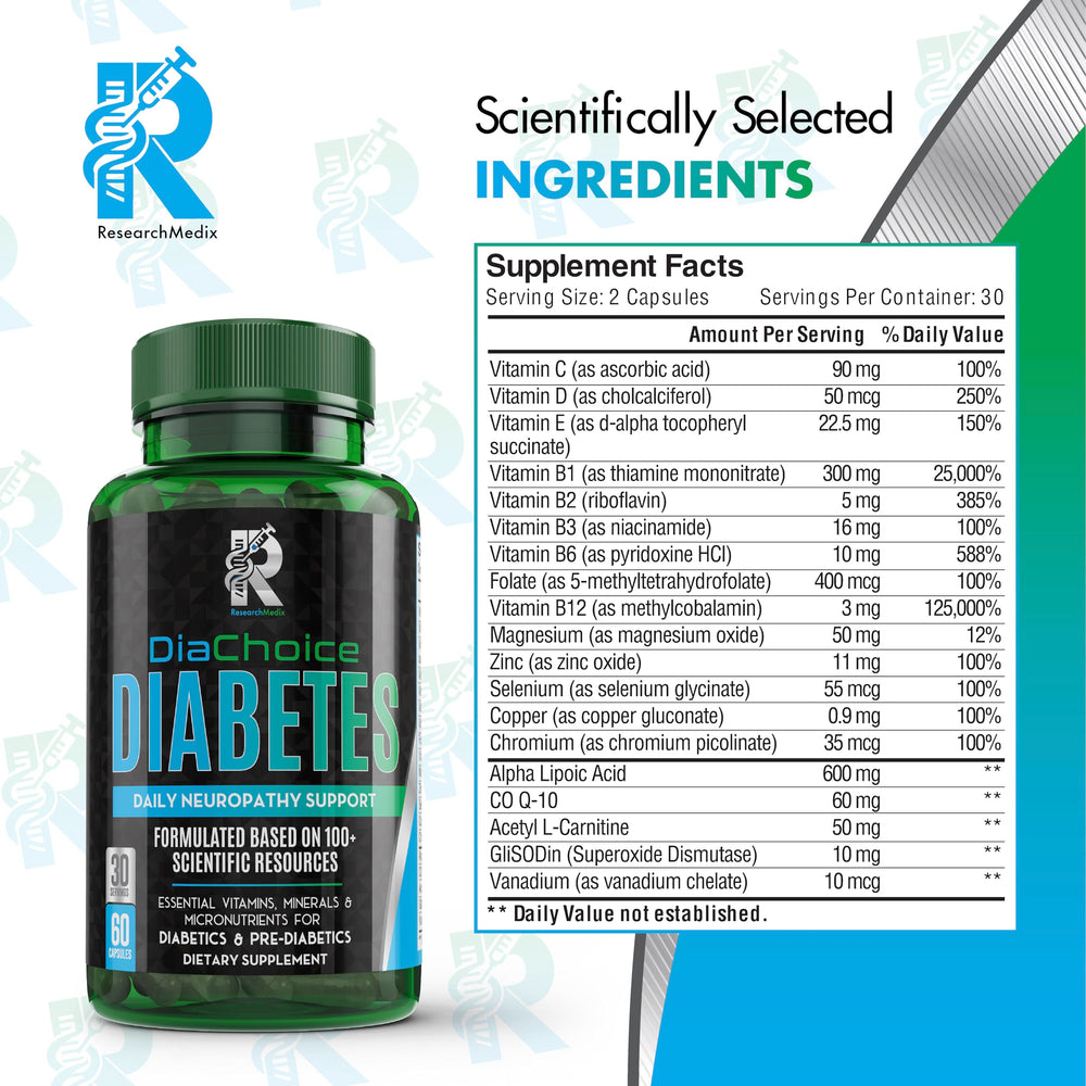 DiaChoice ingredients blend highlighting 19 essential nutrients for nerve health.