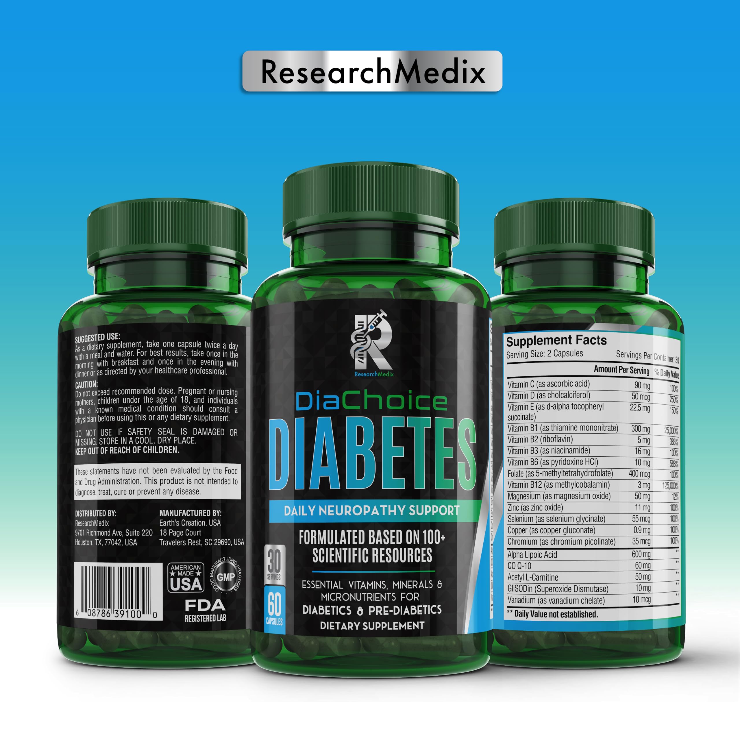 Close-up of DiaChoice label with 600 mg ALA and key ingredients.