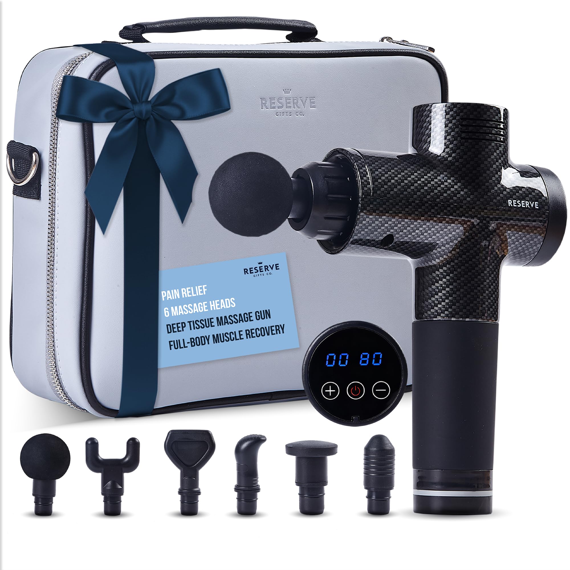 Reserve Gifts Co. massage gun in black with ergonomic grip for deep tissue relief.