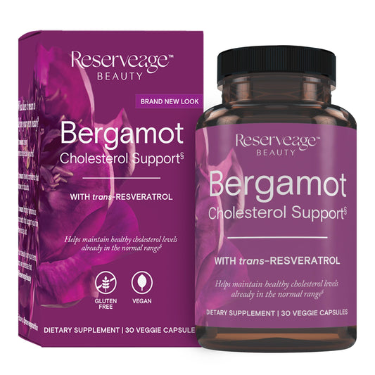 Reserveage Beauty Bergamot Cholesterol Support bottle with capsules for heart health support