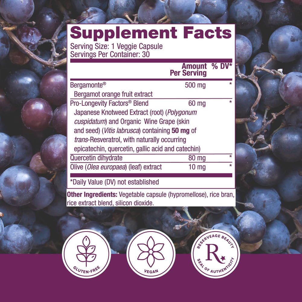 Reserveage Beauty Bergamot Cholesterol Support capsules close-up highlighting bergamot extract