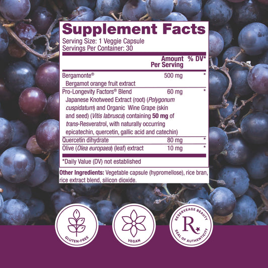 Reserveage Beauty Bergamot Cholesterol Support capsules close-up highlighting bergamot extract