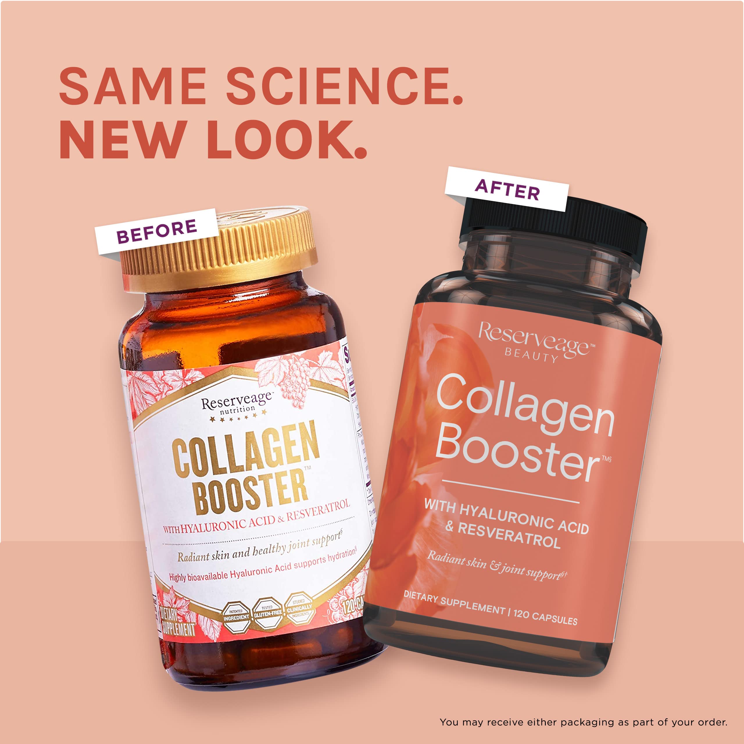 Packaging of Reserveage Beauty Collagen Booster shows Pro-Longevity Blend details.