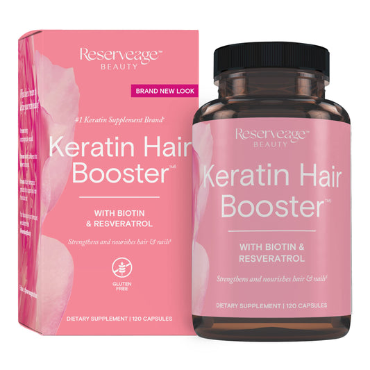 Reserveage Beauty Keratin Hair Booster bottle front highlighting branding and hair support.