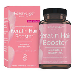 Reserveage Beauty Keratin Hair Booster bottle on a clean surface for easy daily use.