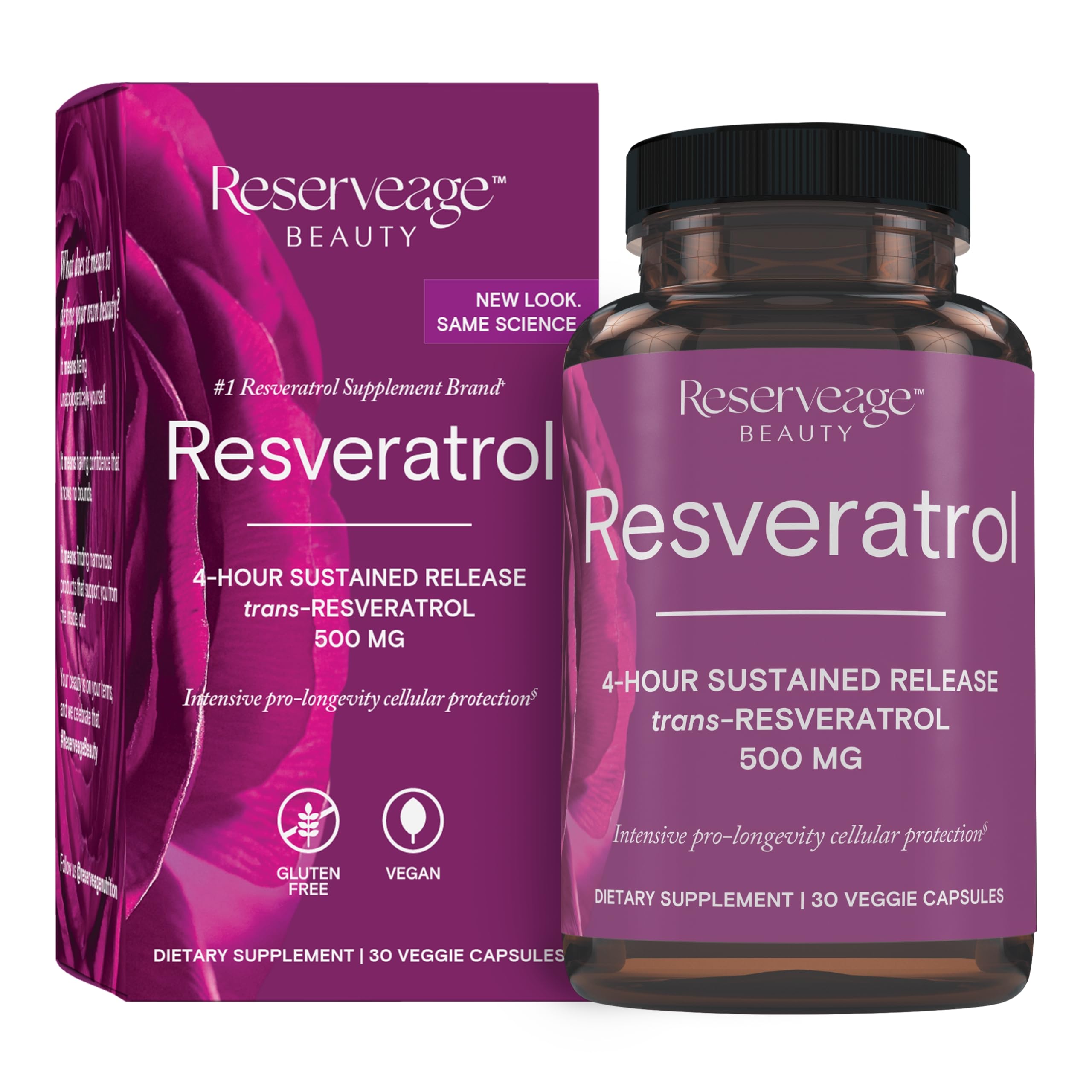 Reserveage Beauty resveratrol 500 mg bottle front view highlighting packaging and antioxidant focus