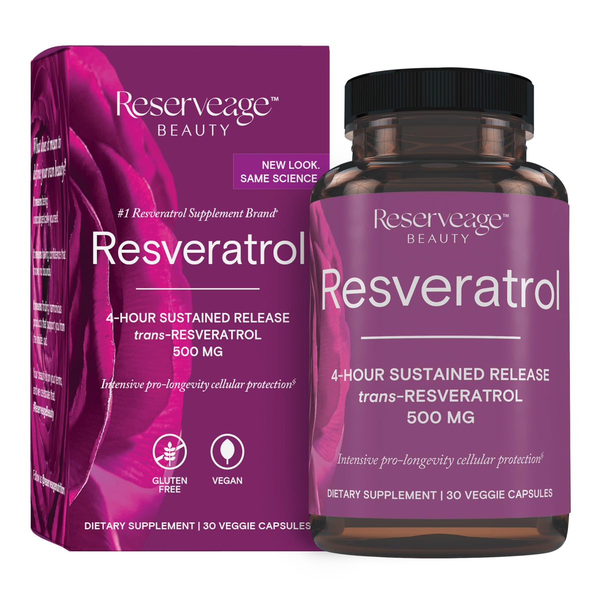 Reserveage Beauty resveratrol 500 mg bottle front view highlighting packaging and antioxidant focus