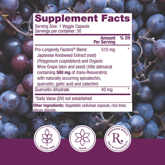 Closeup of Reserveage Beauty resveratrol capsules showing veggie capsule form