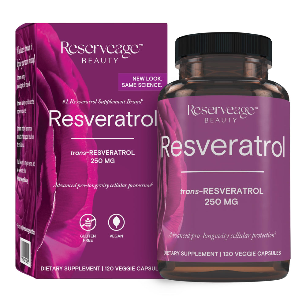 Reserveage Beauty Resveratrol bottle front displays vegan antioxidant formula for daily support.