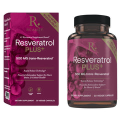 Reserveage Beauty Resveratrol Plus+ 500 mg bottle with label highlighting vegan formula