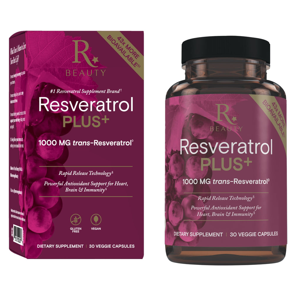 Reserveage Beauty Resveratrol Plus bottle promotes daily wellness with vegan, gluten-free ingredients.
