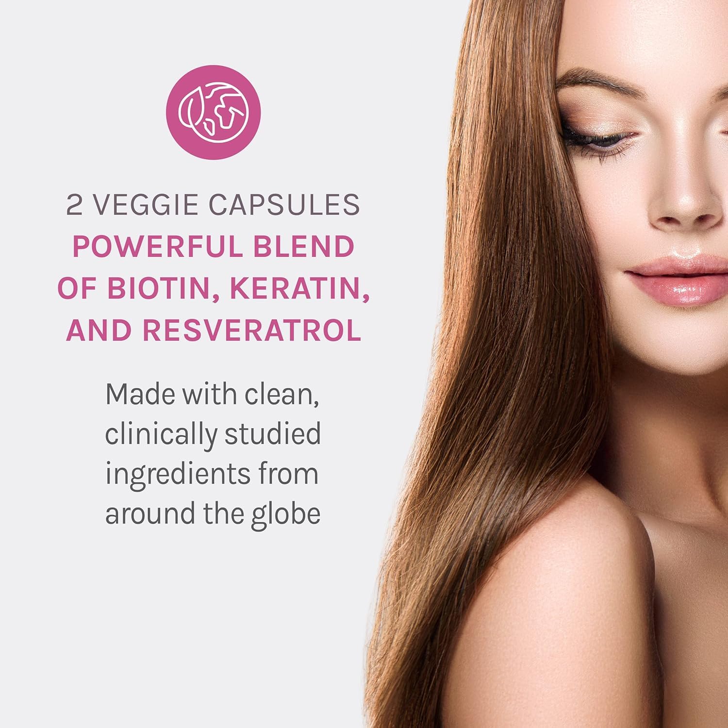 Close-up of Reserveage Keratin Hair Booster bottle highlighting hair benefits.