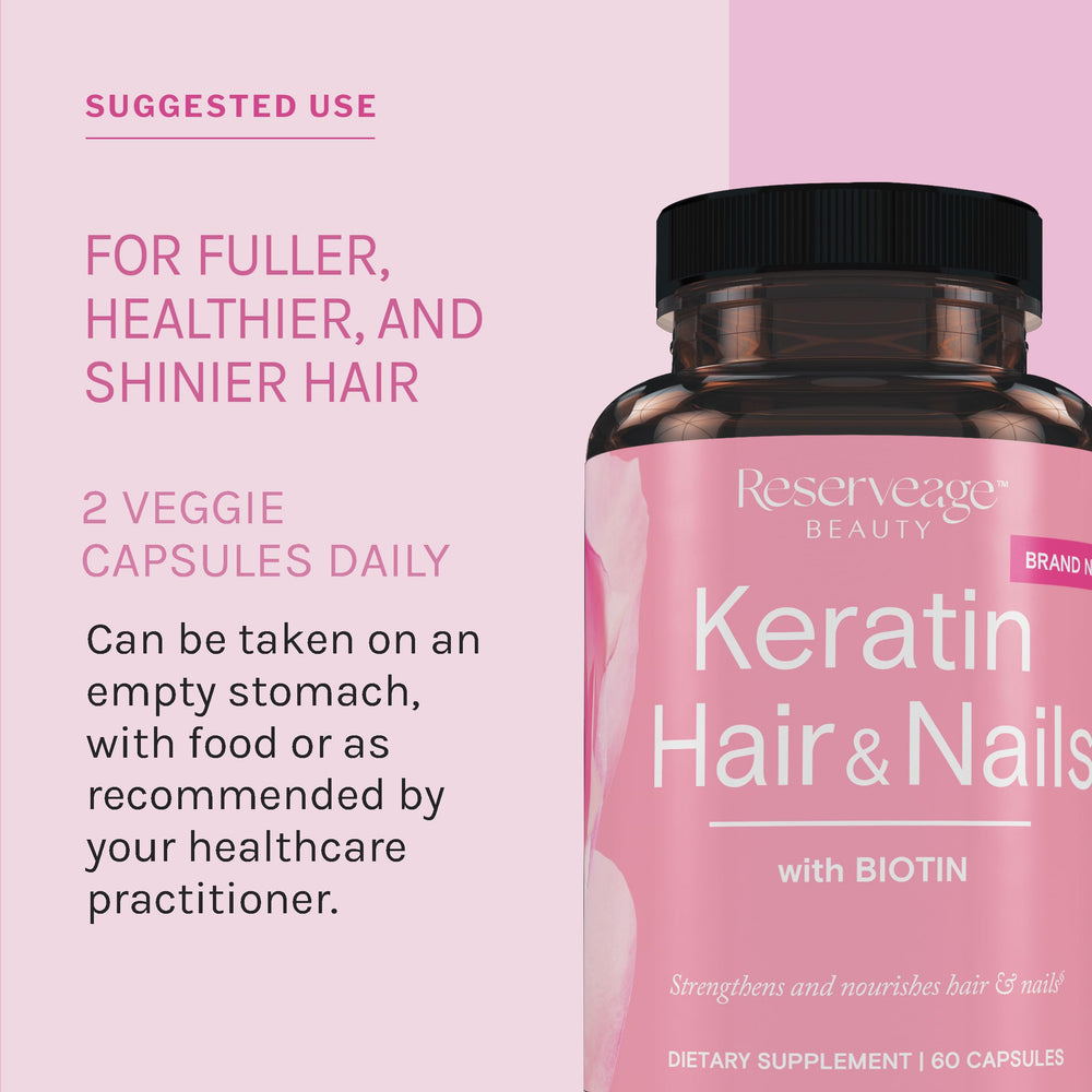 Reserveage Keratin Hair Booster capsules swirl showing compact glossy texture.