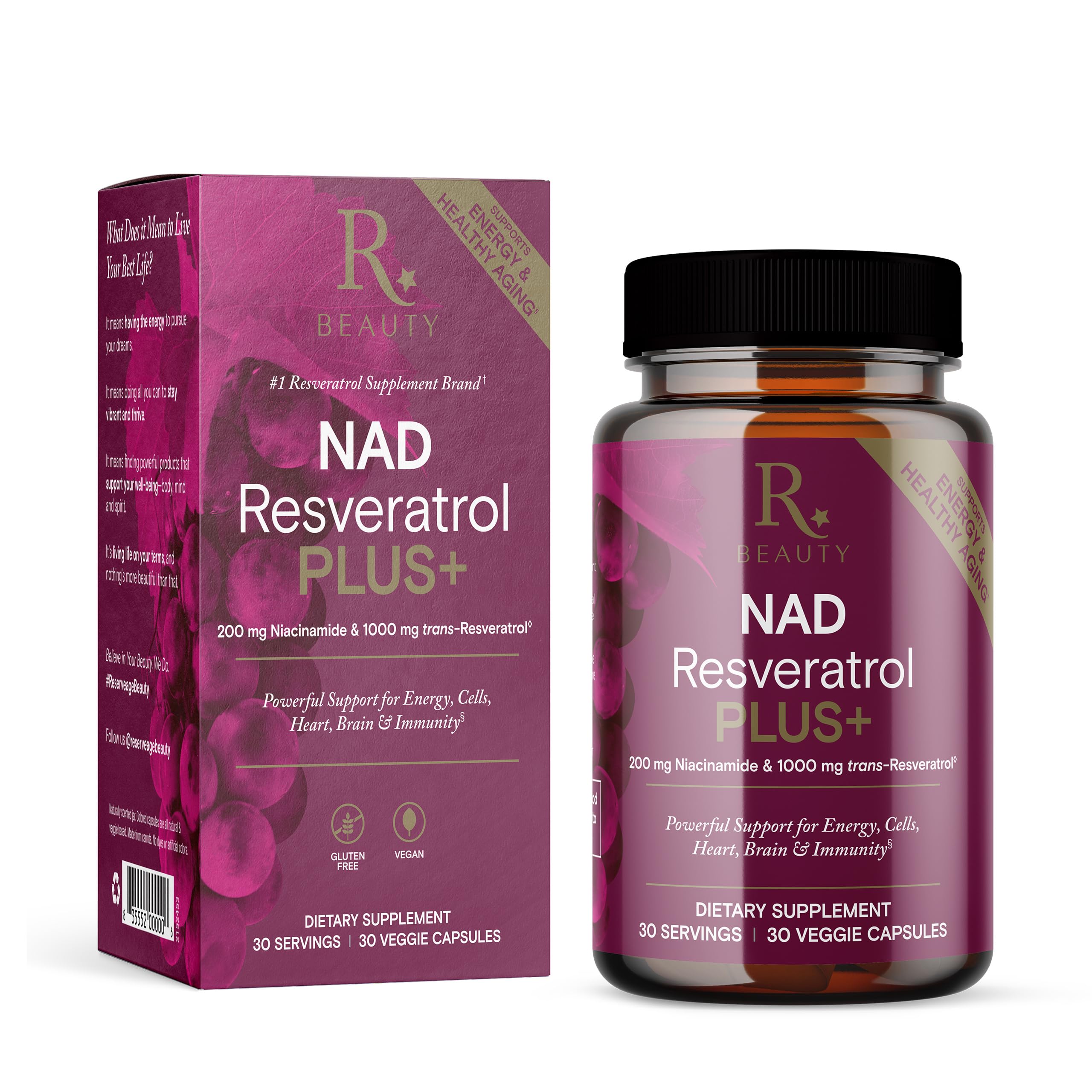 Reserveage NAD Resveratrol Plus+ bottle for daily antioxidant support