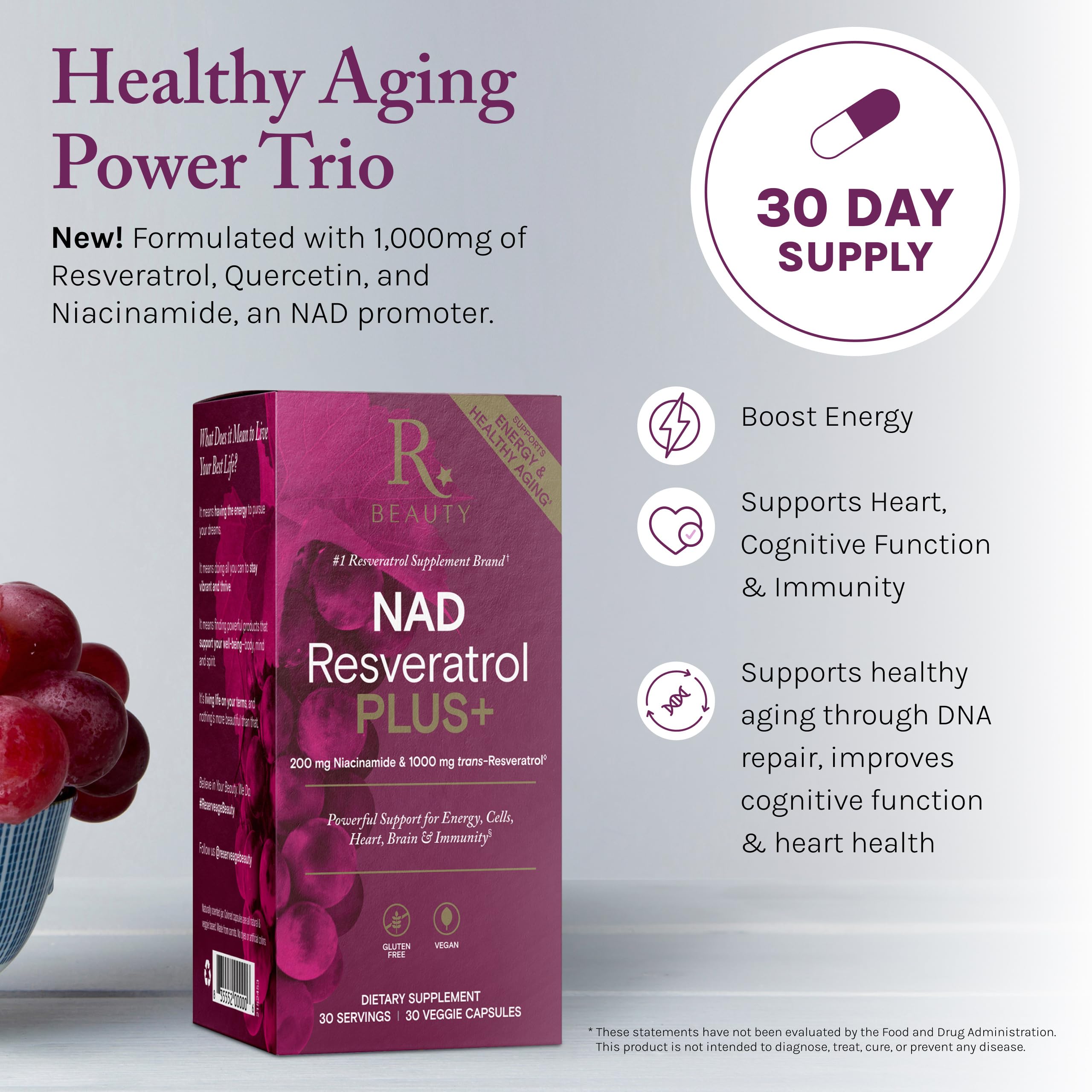 Reserveage NAD Resveratrol Plus+ label close-up signaling antioxidant support