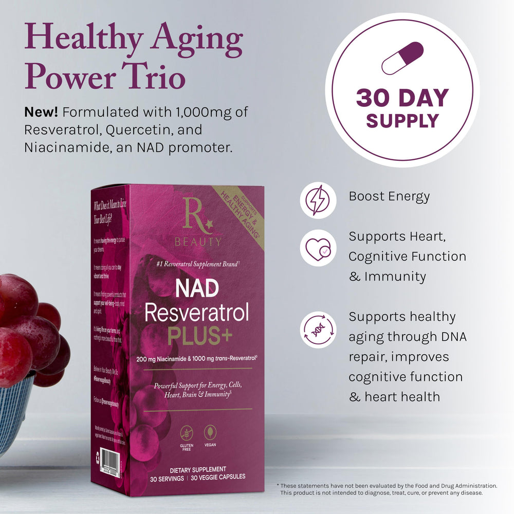 Reserveage NAD Resveratrol Plus+ label close-up signaling antioxidant support
