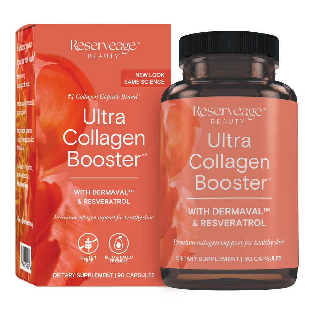 Reserveage Nutrition Ultra Collagen Booster bottle supports smooth skin and hydration.