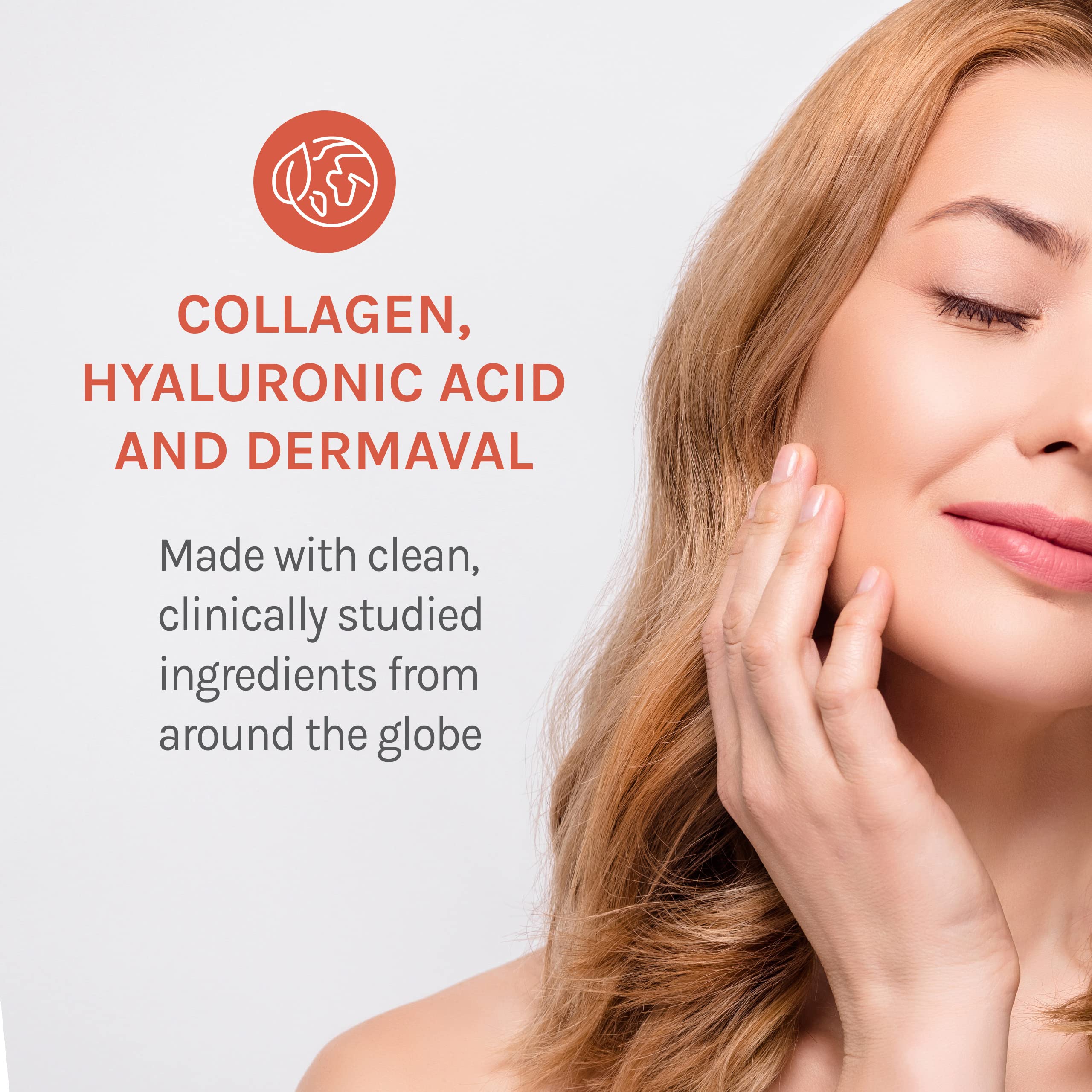 Label detail shows hydrolyzed collagen and hyaluronic acid on the booster.