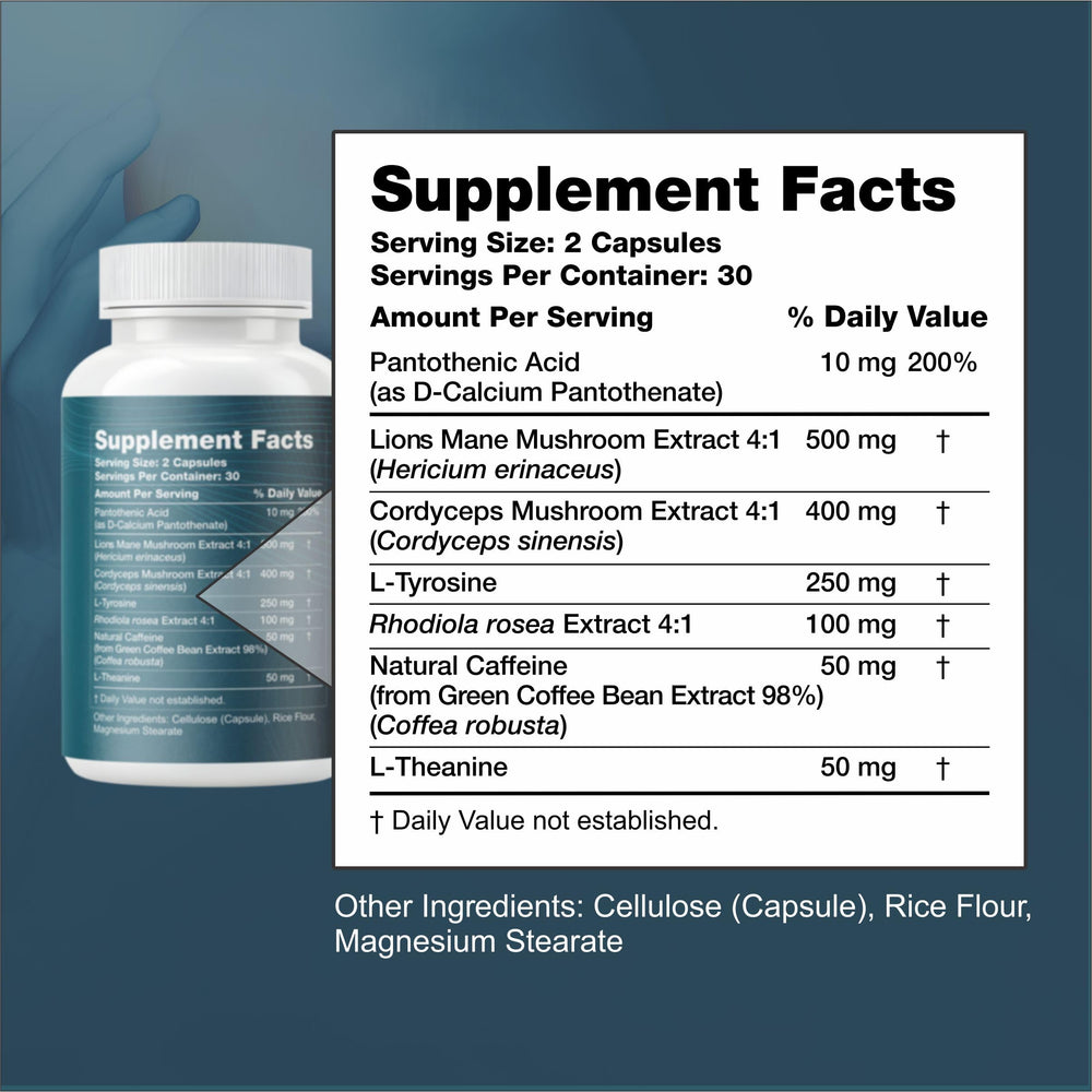 Reset+Rise capsules close-up showing easy-to-take capsules for steady energy.