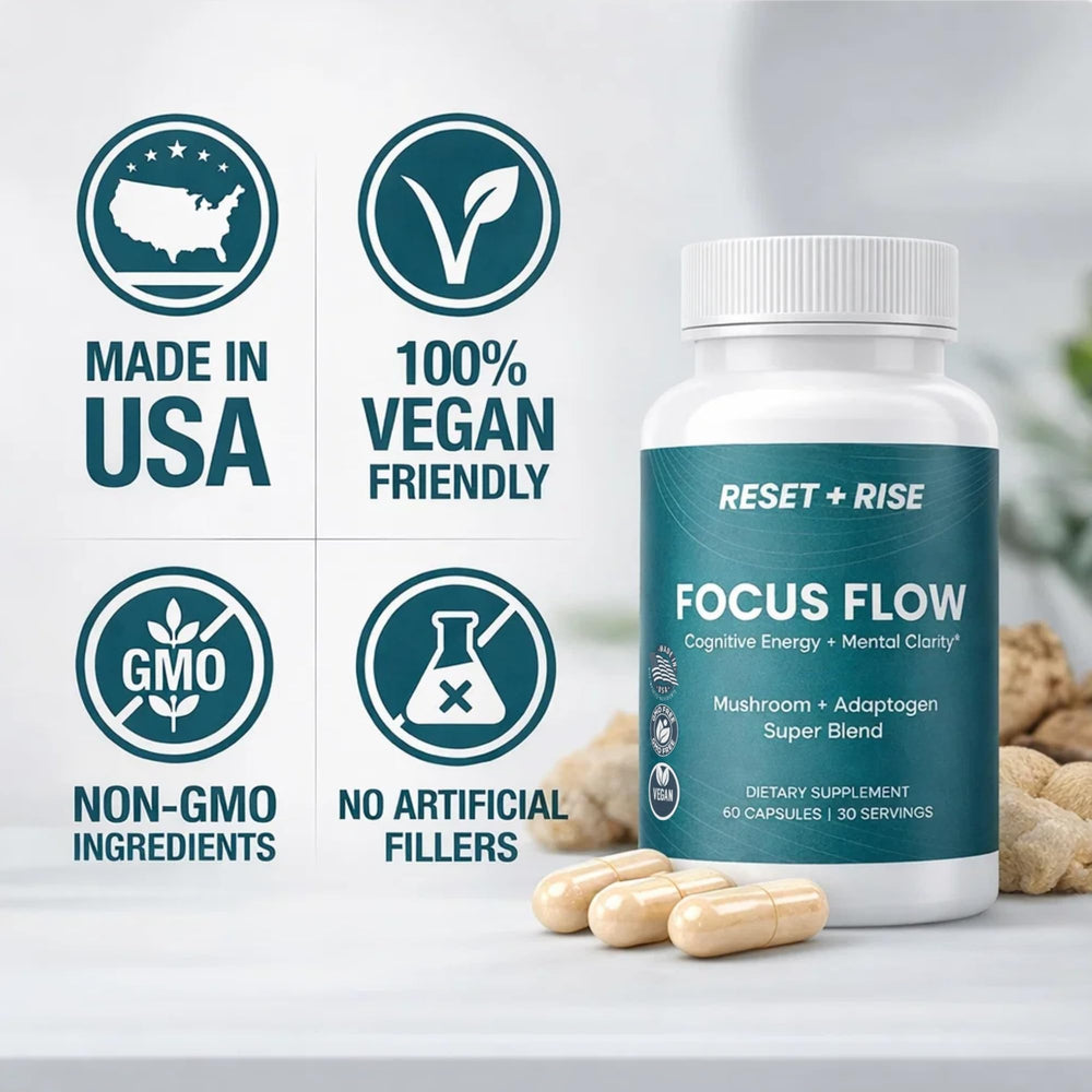 Reset+Rise made-in-USA vegan non-GMO capsules signal clean choices.