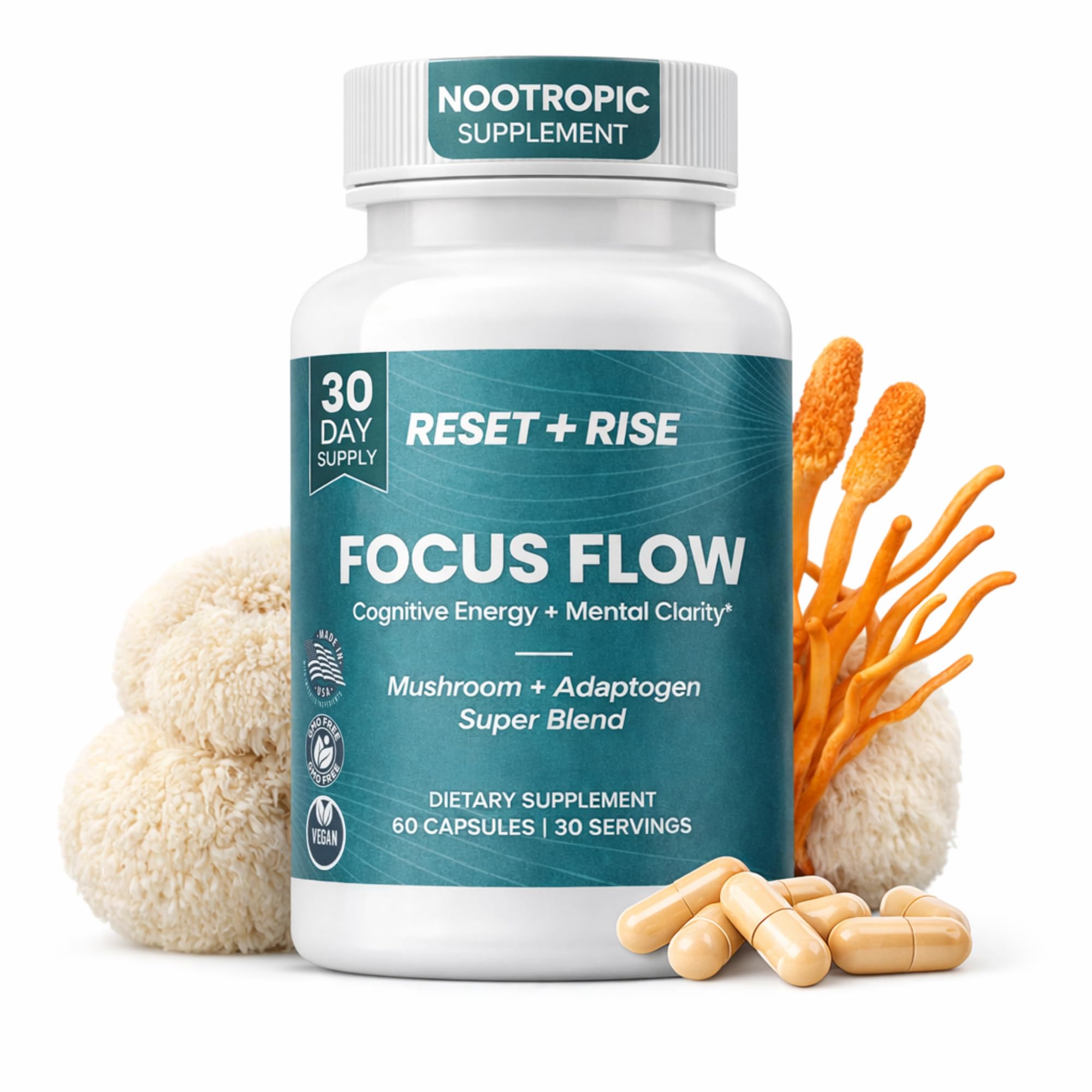 Reset+Rise nootropic lion’s mane bottle shown for focused daily brain performance.