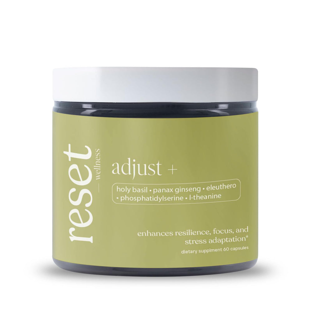 reset wellness Adjust+ holy basil bottle promotes calmer resilience for daily stress