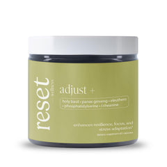 reset wellness Adjust+ holy basil bottle promotes calmer resilience for daily stress