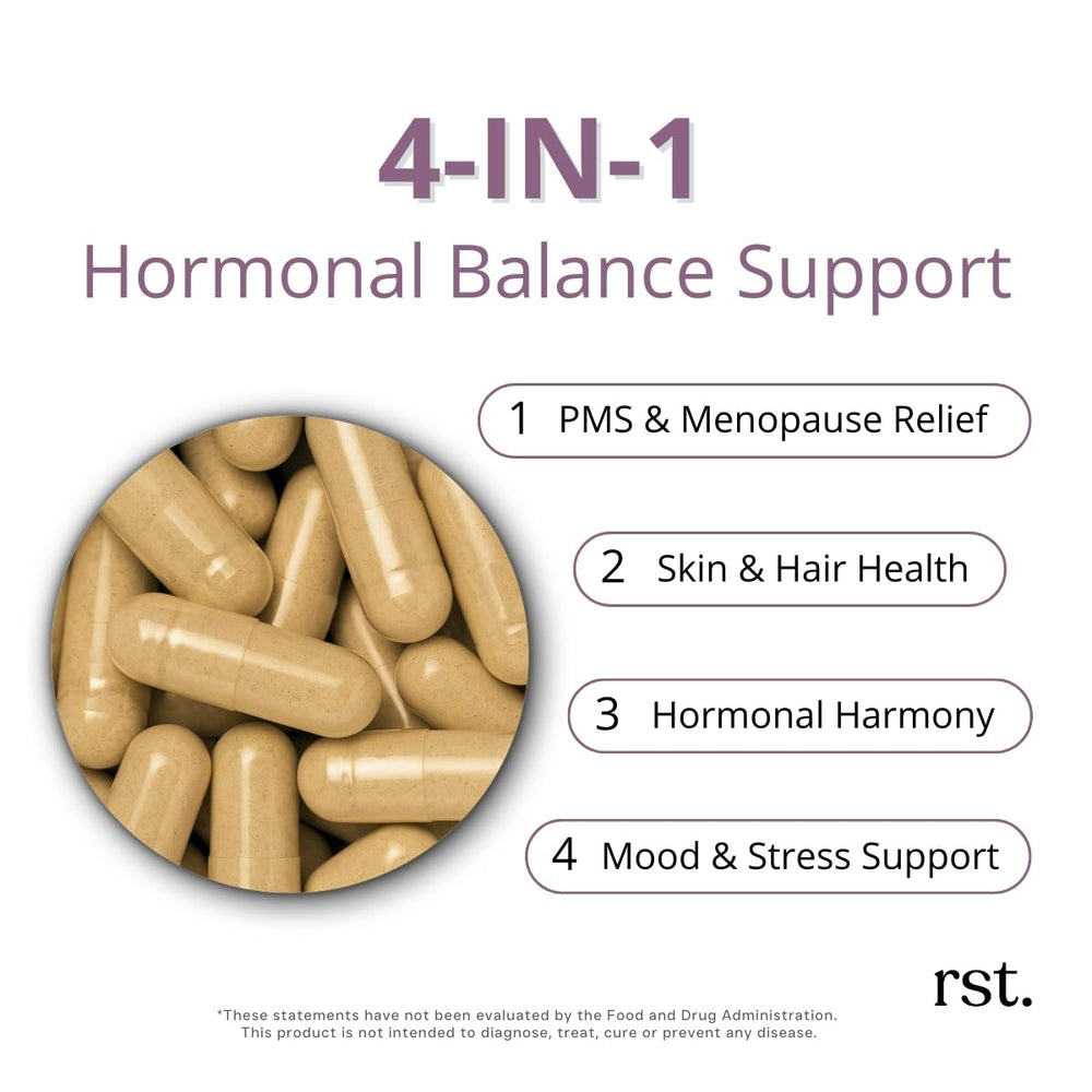 Harmony+ soy isoflavones capsules highlight estrogen pathway balance and wellness.