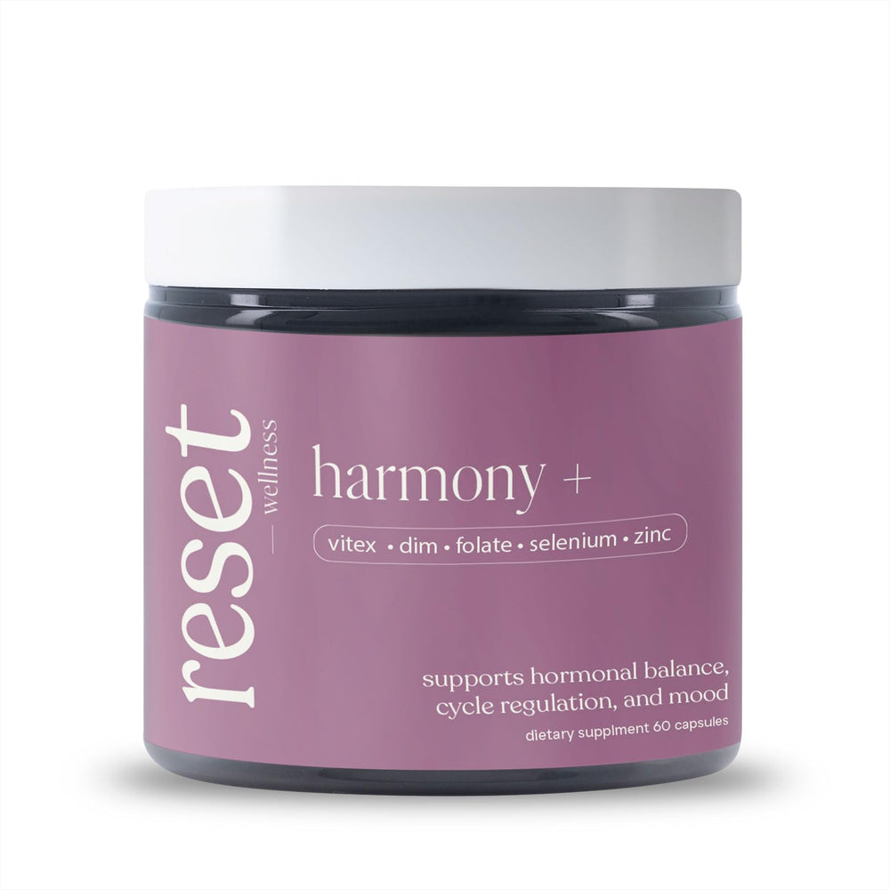 Reset Wellness Harmony+ bottle with Vitex for balanced hormones and daily wellness.