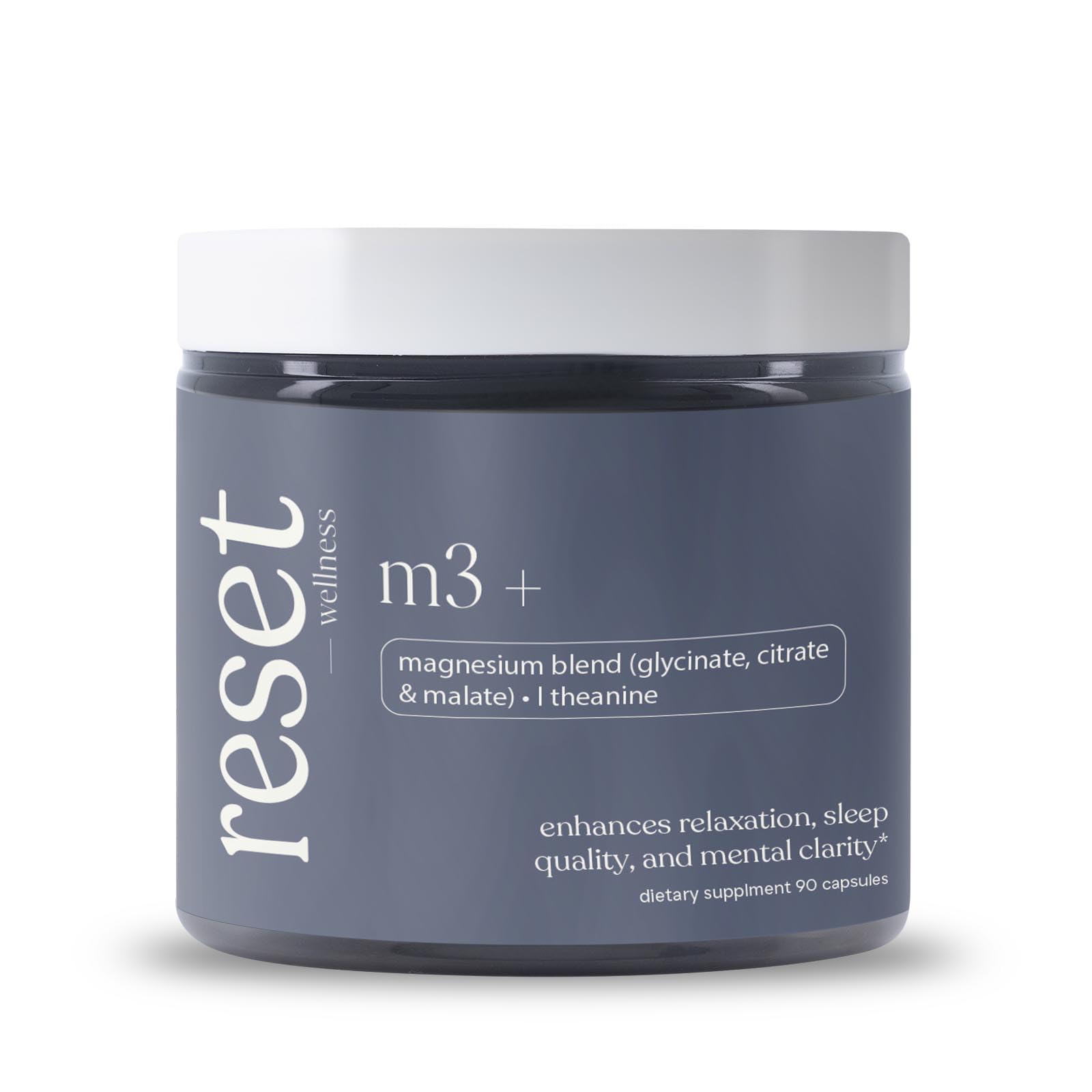Reset Wellness M3+ bottle front view highlighting magnesium trio for balanced calm.